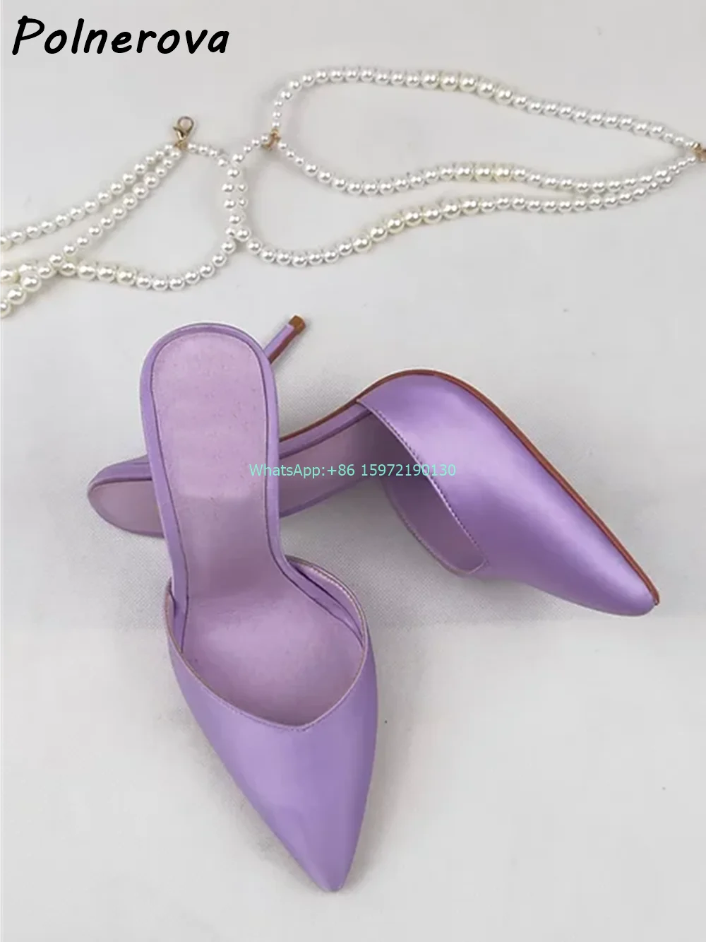 Satin Pearl Chain Slippers Pointy Toe Thin Heels Slip On Ankle Strap Shoes Sexy Elegant Banquet Luxury Fashion Stiletto Shoes