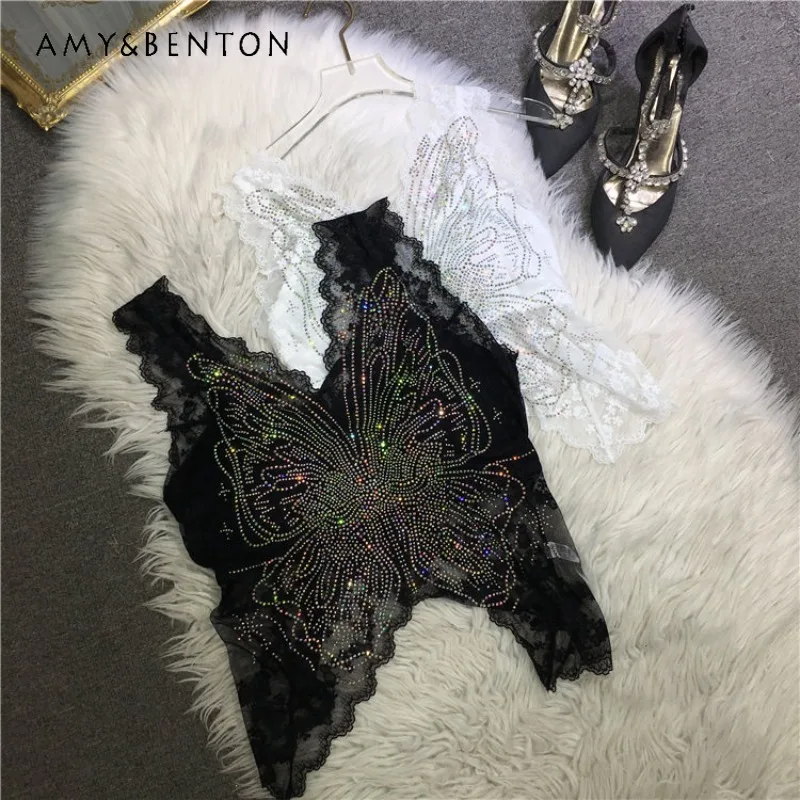 

Sexy Slim Fit Average Size Camisoles Heavy Craft Diamond Drills Big Butterfly Lace Beauty Back All Match Inner Wear Vest Summer