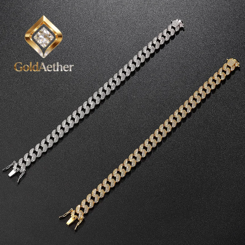 GoldAether Luxury Solid S925 Men's and Women's Full Diamond Moissanite Cuban Chain Bracelet Hip Hop Bracelet