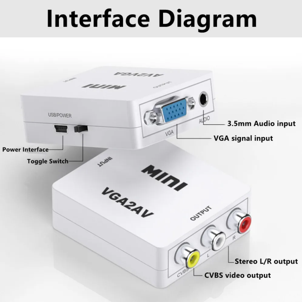 VGA to AV Converter HD 1080P VGA to RCA/AV Adapter With 3.5mm Audio Output VGA To RCA Video Converter For PC Computer Laptop TV