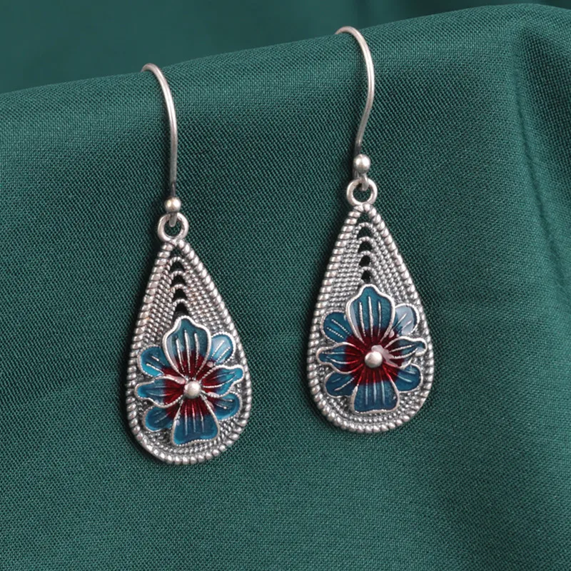 

925 Sterling Silver Enamel Hollow Flower Earrings Women's Retro Ethnic Style Water Drop Dangle Earrings Jewelry Wholesale EH213