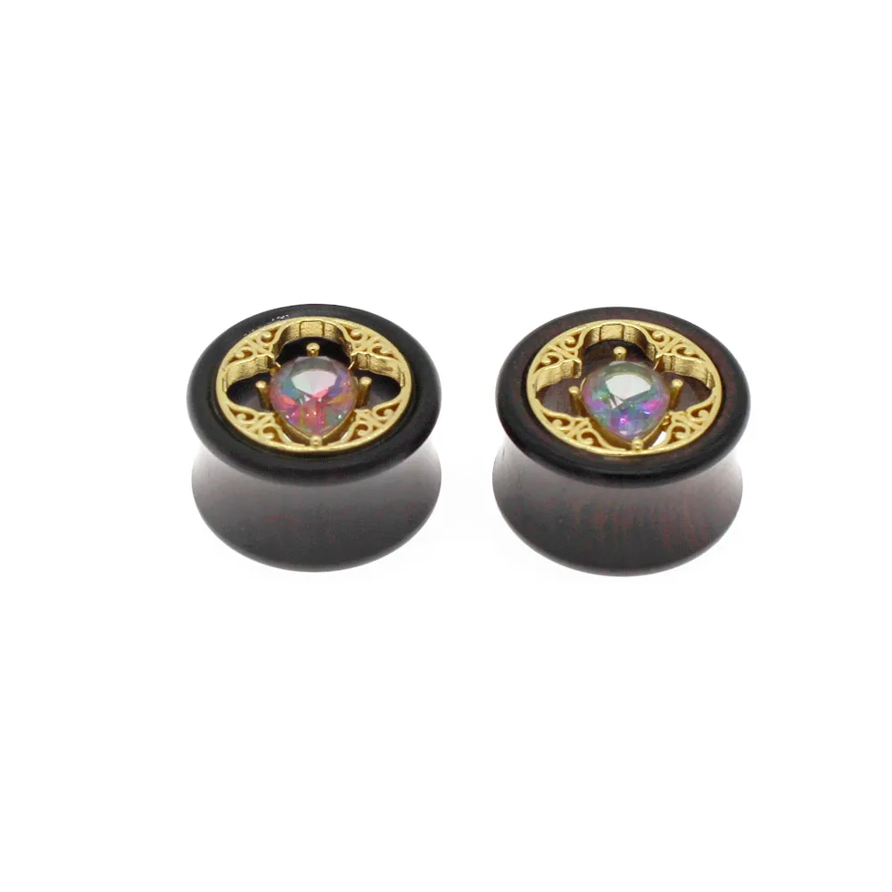 

Miqiao 2pcs Ear Plugs Tunnels Ear Piercings Inlay Gold Zircon Wooden Ear Expander Gauges Double Flare Body Jewelry Piercing