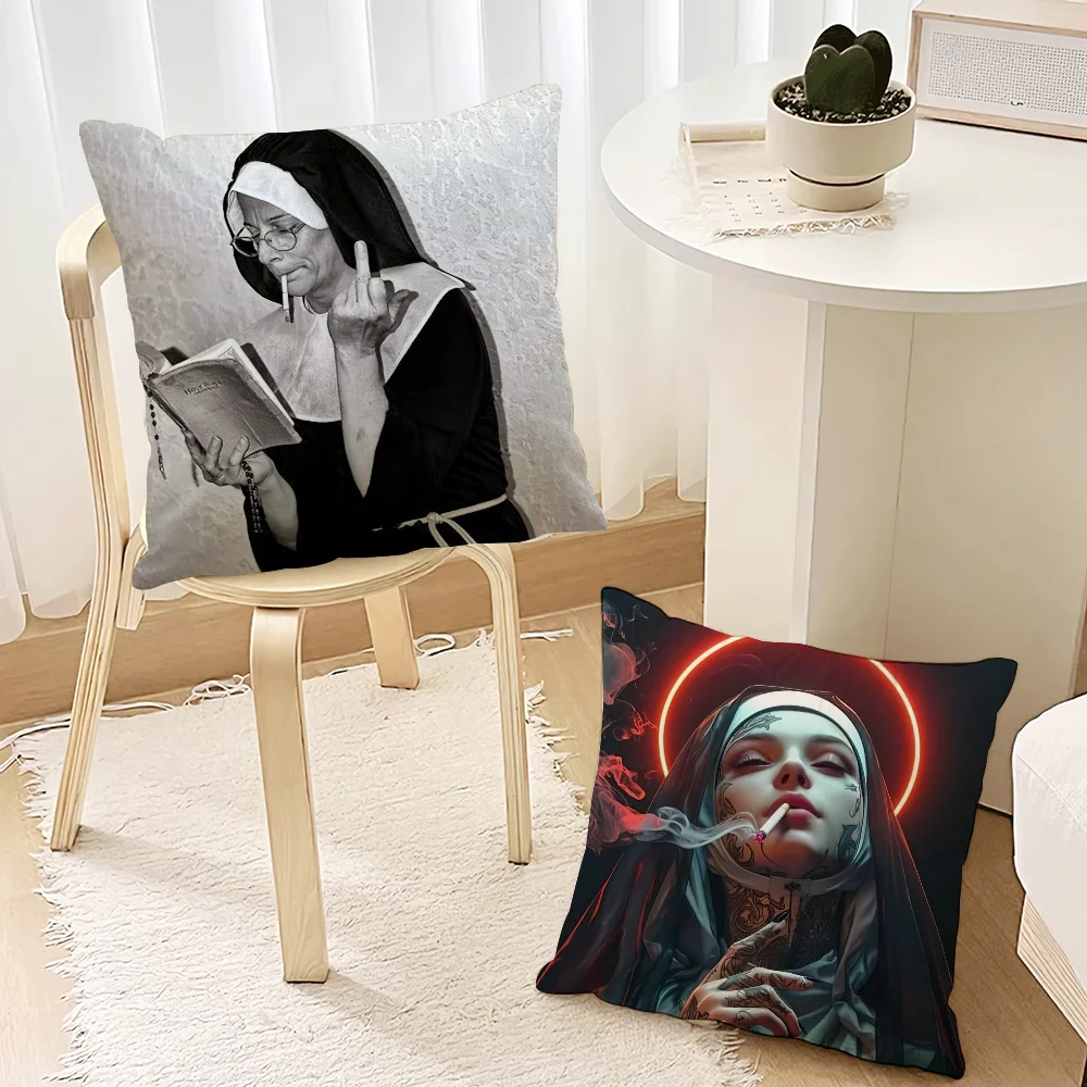 Smoking Nuns Art Aesthetic Pillow Case Living Room Accent Couch Back Support Square Lounge Restful Nap Companion ﻿