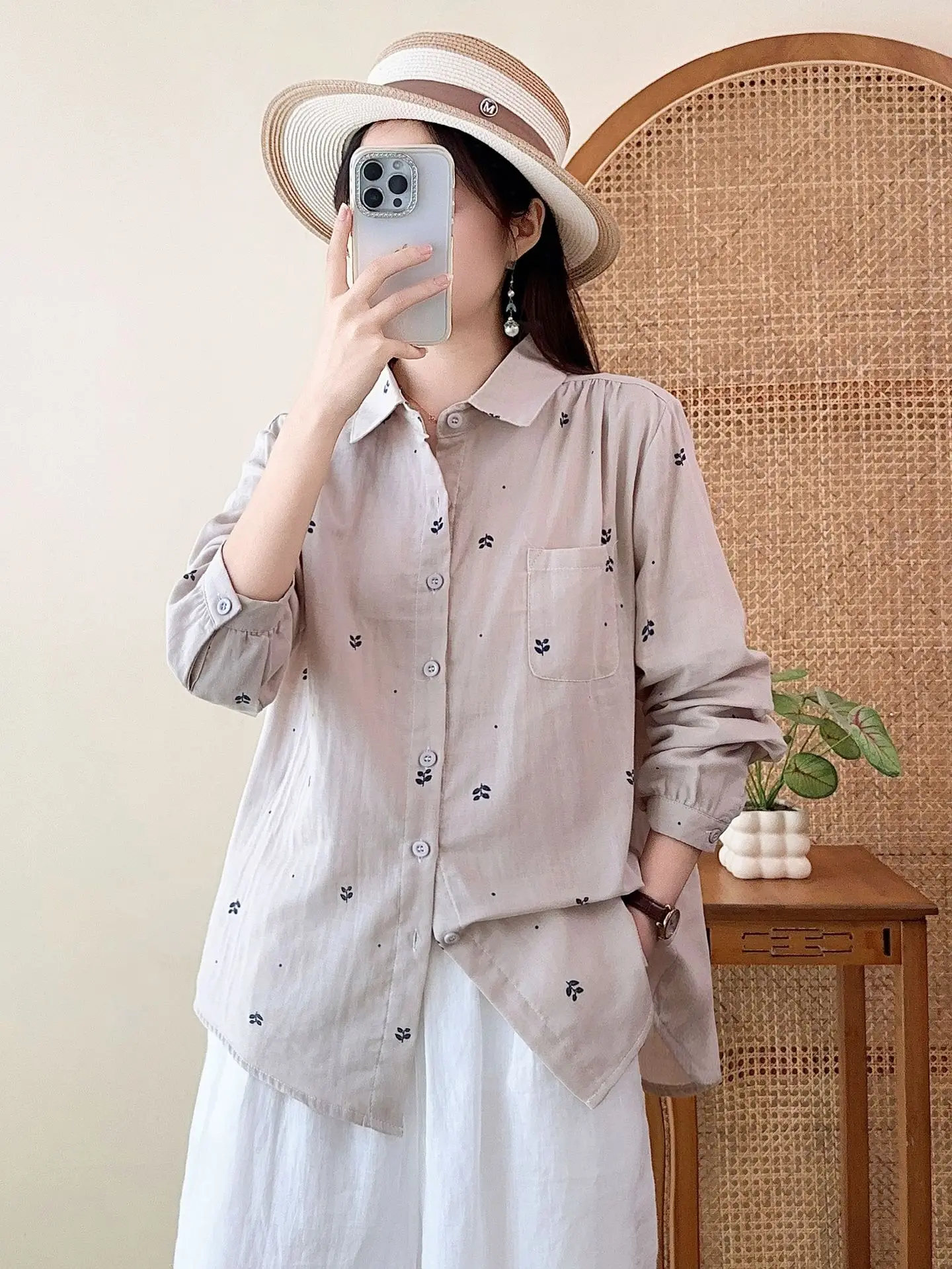New Korean Style Floral Print Double Layer Cotton Pure Cotton Casual Long Sleeve Women's Shirt Design Slimming Turn-down Collar