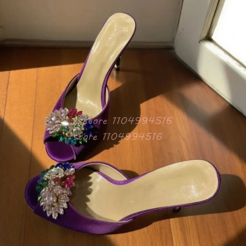 

Purple Rhinestone Flower Stiletto High Heels Women Suede Peep Toe Slip On Slippers 2025 Luxury Fashion Party Banquet Summer Shoe