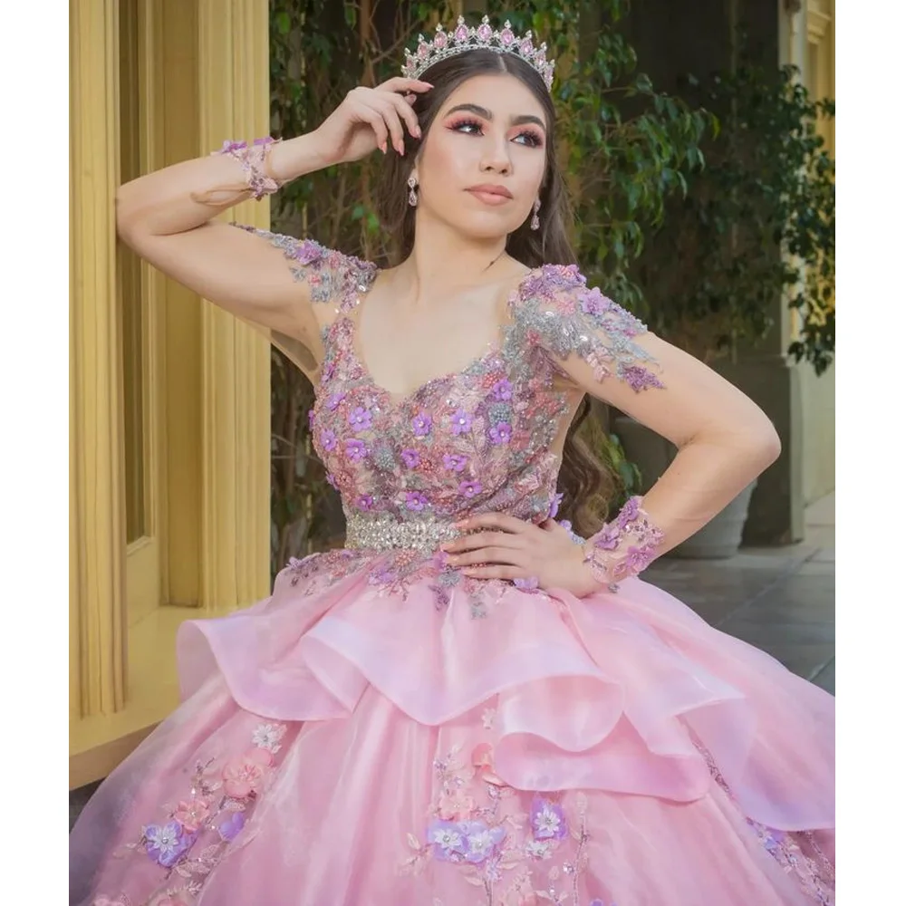 فساتين أميرة الوردي Quinceanera بأكمام طويلة 2023 مطرز ثلاثية الأبعاد الأزهار الدانتيل متابعة مشد vestidos para xv años