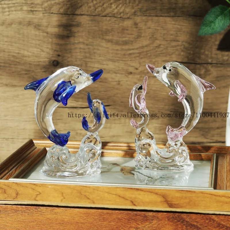Crystal Ocean Animal Decor Pair of Blue Dolphins Sculpture Modern Minimalist Home Decoration Transparent Art Craft Gift