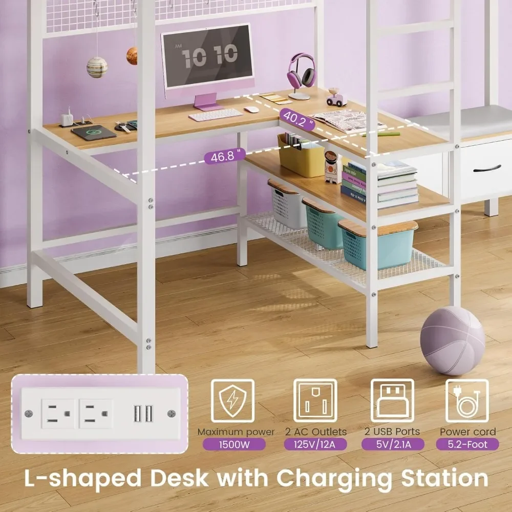 Loft Bed with L-Shaped Desk, LED Lights and Charging Station with Storage Shelves and Coat Rack with Drawers, Kids Bed