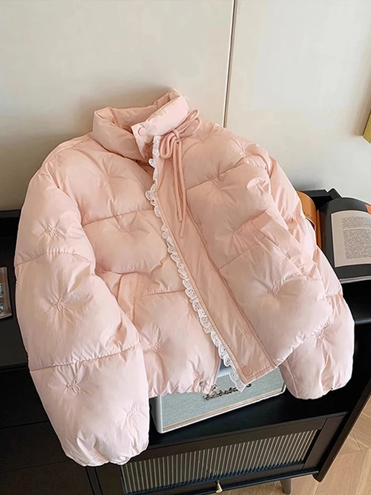 

Sweet Pink Stand Collar Lace Spliced Cotton Coat Winter Women's Fashion Bow Embroidery Loose Outerwear Chic Thicken Warm Jackets