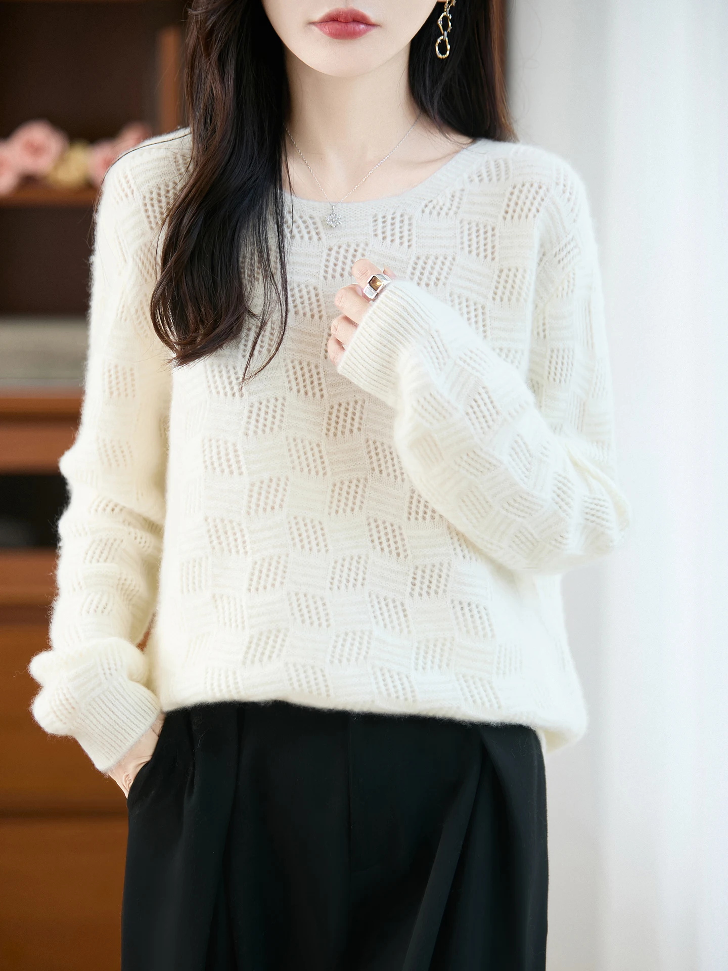 

Новый женский однотонный вязаный пуловер из 100% мериносовой шерсти с круглым вырезом, повседневная одежда с вырезами, осень-зима, теплый удобный топ