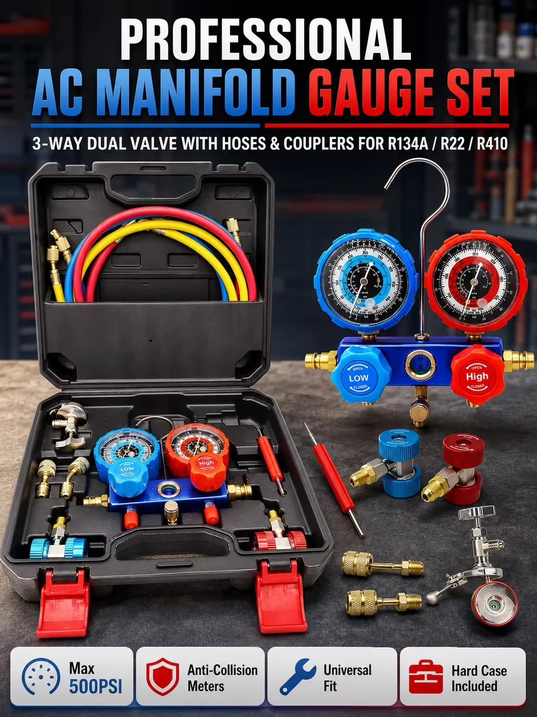 Professional Automotive AC Manifold Gauge Set, for R134A/R22/R410, Max 500PSI, Anti-Collision Meters, Hard Case Included