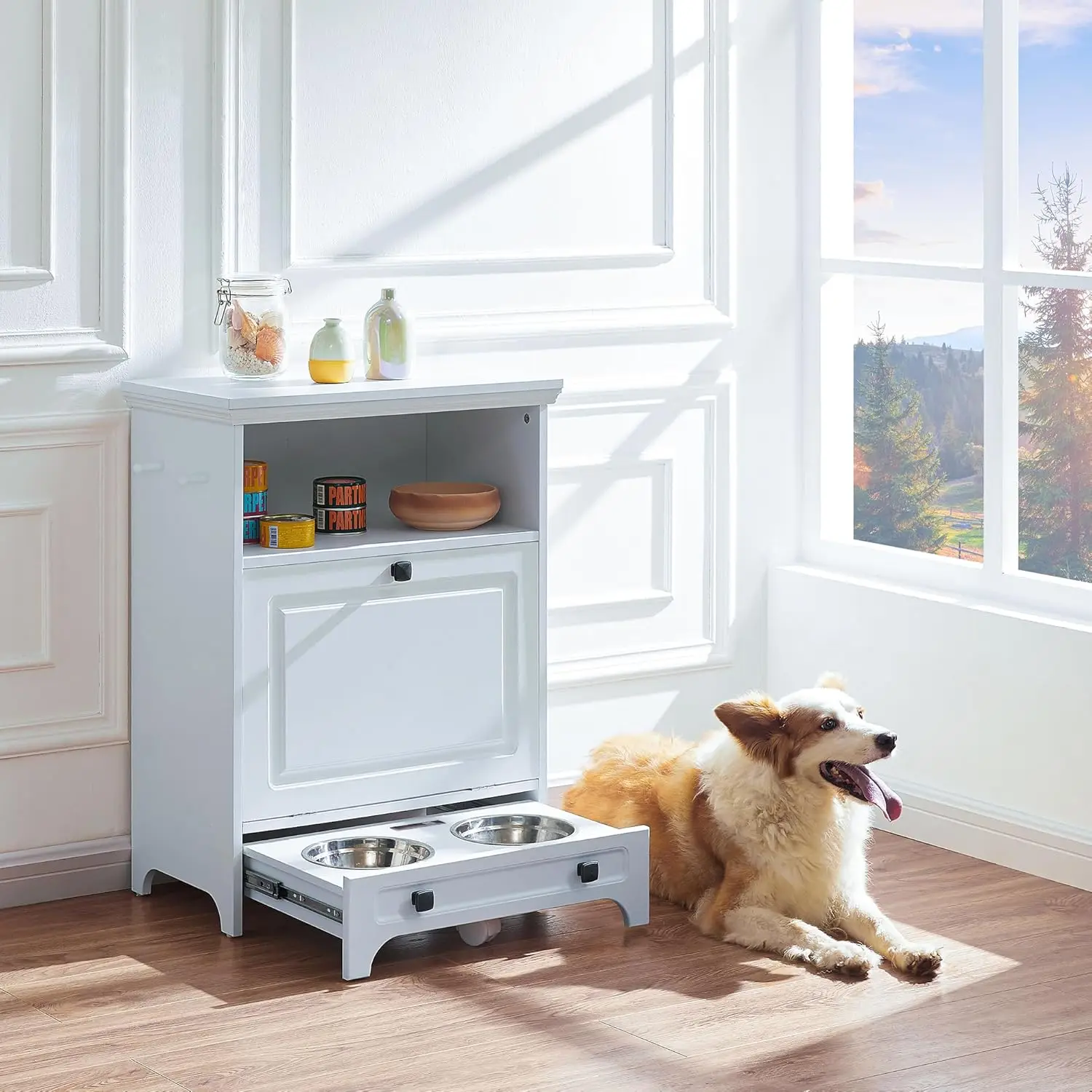 Estación de alimentación moderna para mascotas, mueble con 2 cuencos elevados, diseño oculto a prueba de perros, armario de almacenamiento de alimentos para perros