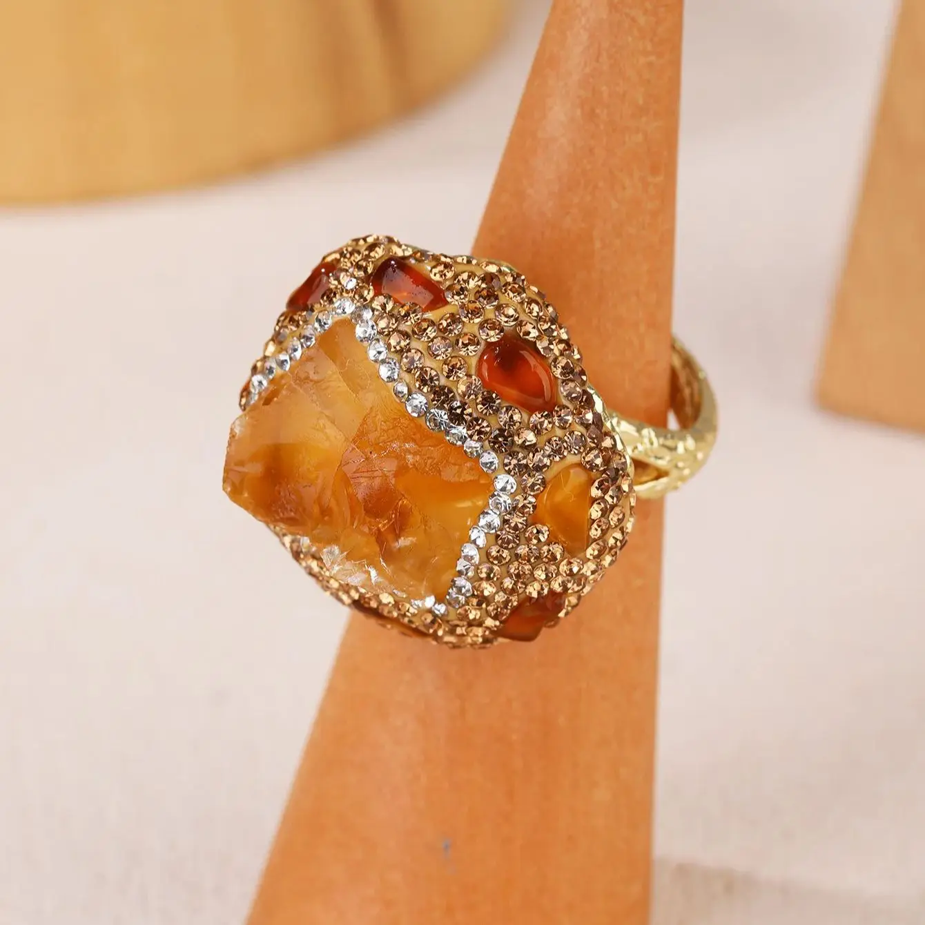 YEEVAA Vintage Punk Style Citrine Ring Healing Crystal Stone Adjustable Open Wide Gemstone Jewelry Gift
