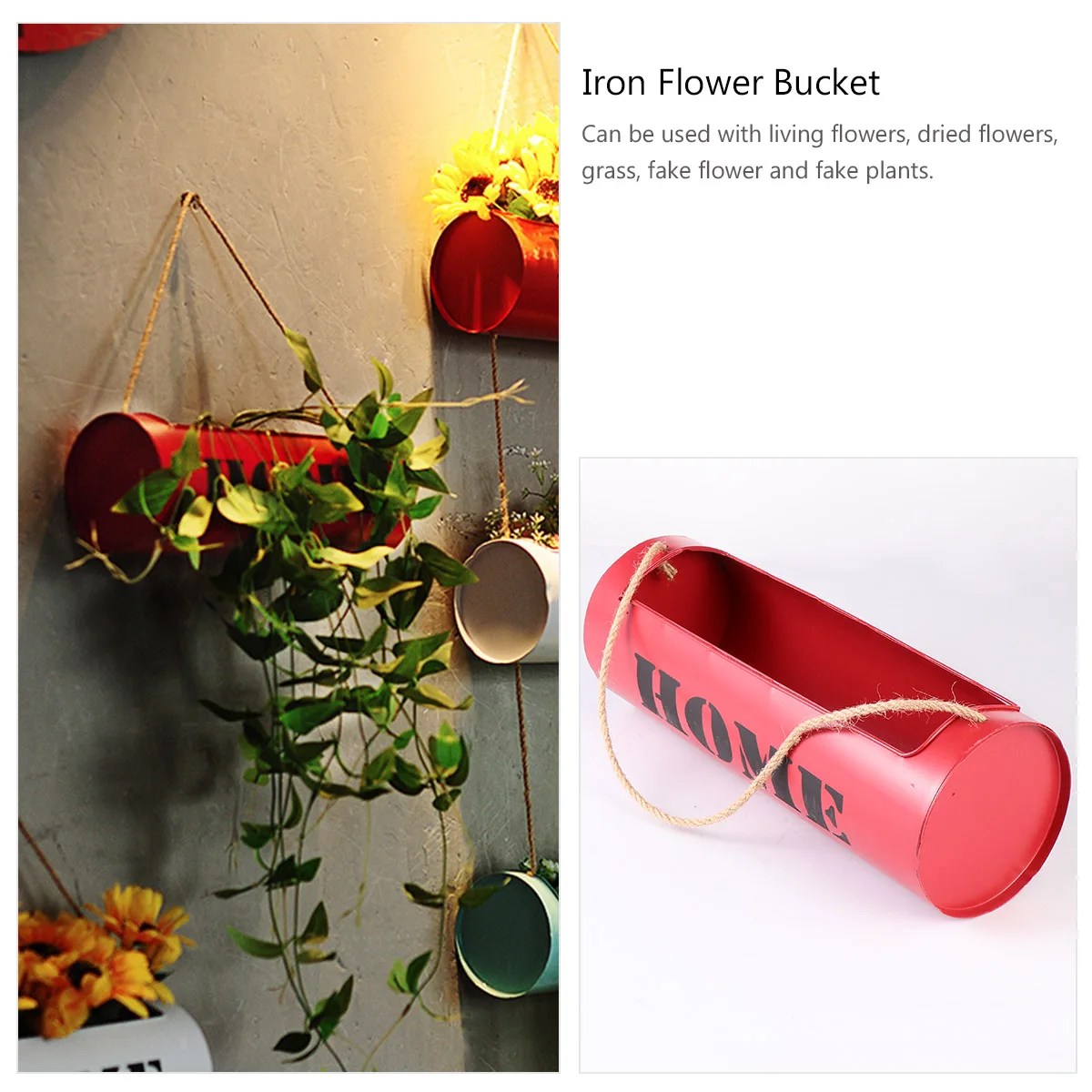 

Retro Iron Durable Flower Container Plant Holder Iron Flower Bucket Home Decor Green Hanging Bucket Home Office Garden Use