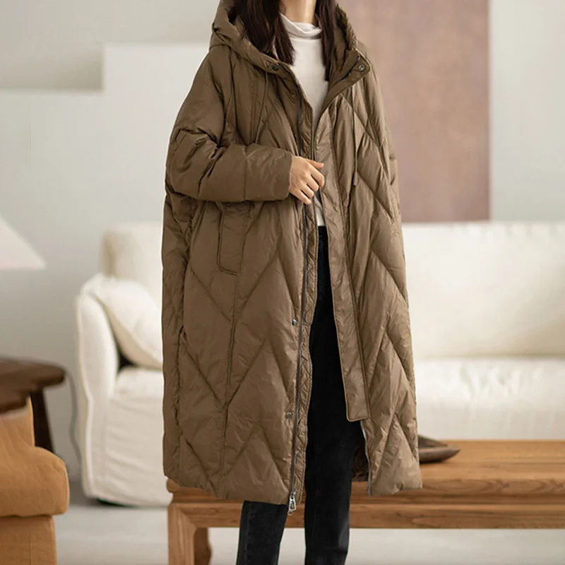 Women 90% White Duck Down Long Jacket with Hood Casual Loose Over Size Winter Warm Outwear High Quality 2022 New