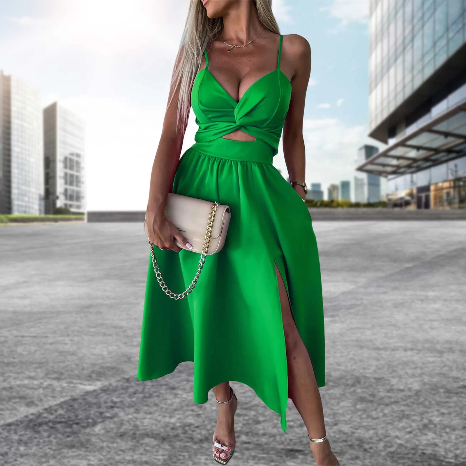 Women's Dress Sexy Autumn Spaghetti Strap Hollow Out Sleeveless Sie Slit Slim Midi Sundress Lady Casual Beach Party Dresses