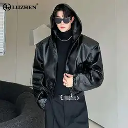 LUZHEN Elastic Hem Hooded Short Leather Jacket Elegance Luxury High Quality Motorcycle Solid Color Male Versatile Coats LZ6325