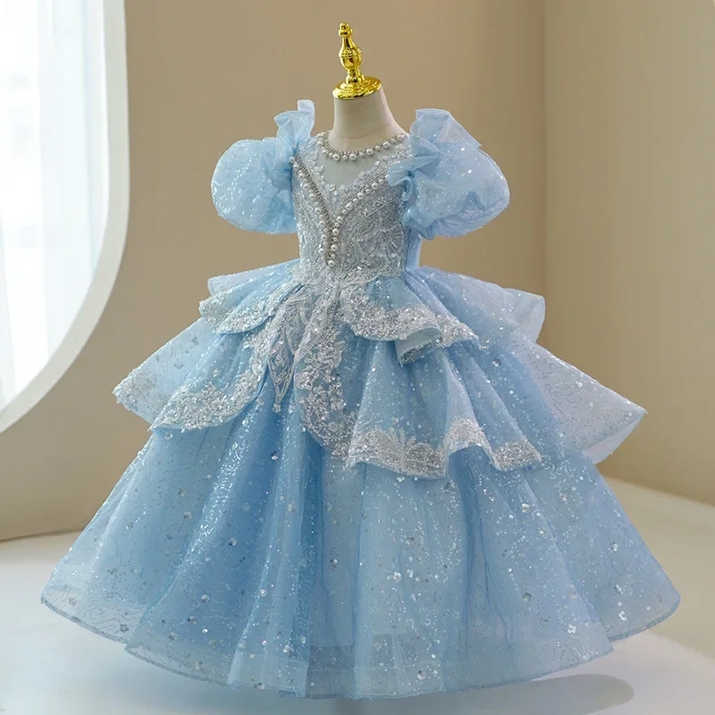 Girls Princess Dress Puff Sleeve Sequin Embellished Tiered Tulle Pearl Neckline Formal Party Pageant Costume