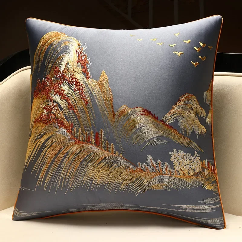 

Chinese Mountain Embroidered Cushion Cover Modern High-precision High-end Scenery Embroidered Pillow Cover Home Pillow Case