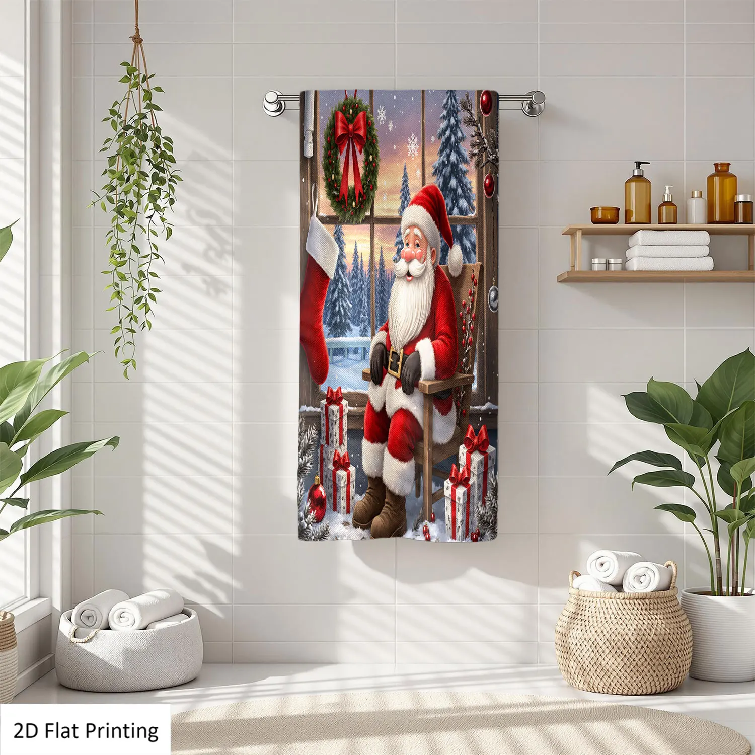 

1Pc Christmas Santa Claus Wreath Stocking Gifts Bathroom Hand Towel Bath Towel, Multiple Size Microfiber Polyester Towel, Unique Home Decorative Kitchen Towels, Festival Bathroom Accessories Decor, Quick Dry and Absorbent