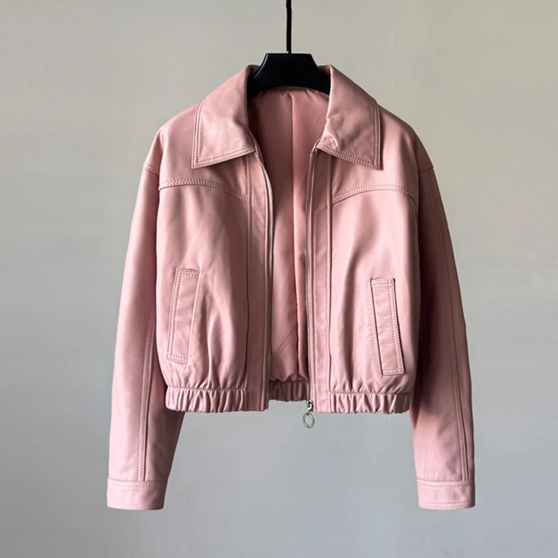 الأحمر 100% معاطف السترة الجلدية الحقيقية للنساء 2025 خريف جديد التلبيب طوق مرونة الخصر الإناث عادية سستة سترة من جلد الغنم القمم