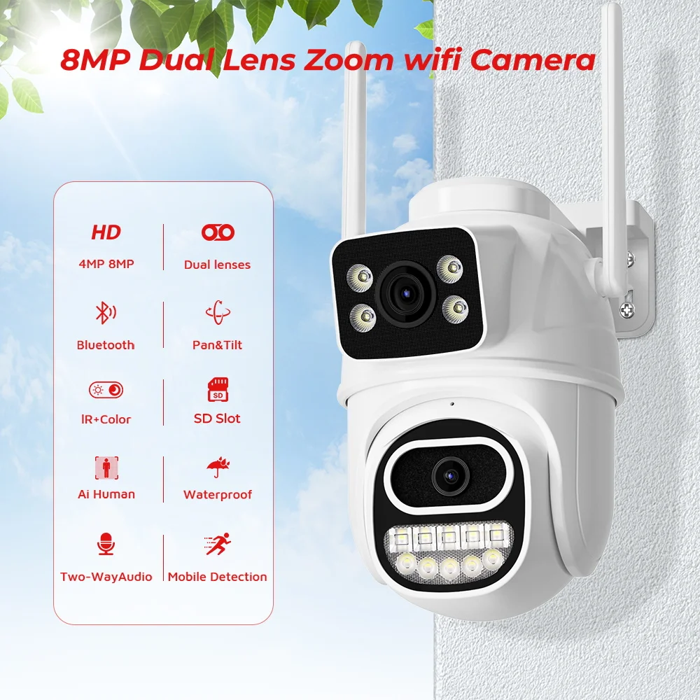 8MP 4K PTZ WiFi IP Camera Security Protection Dual Lens ScreenColor Night Vision4MP IP Camera CCTV Surveillance Camera ICSEE APP