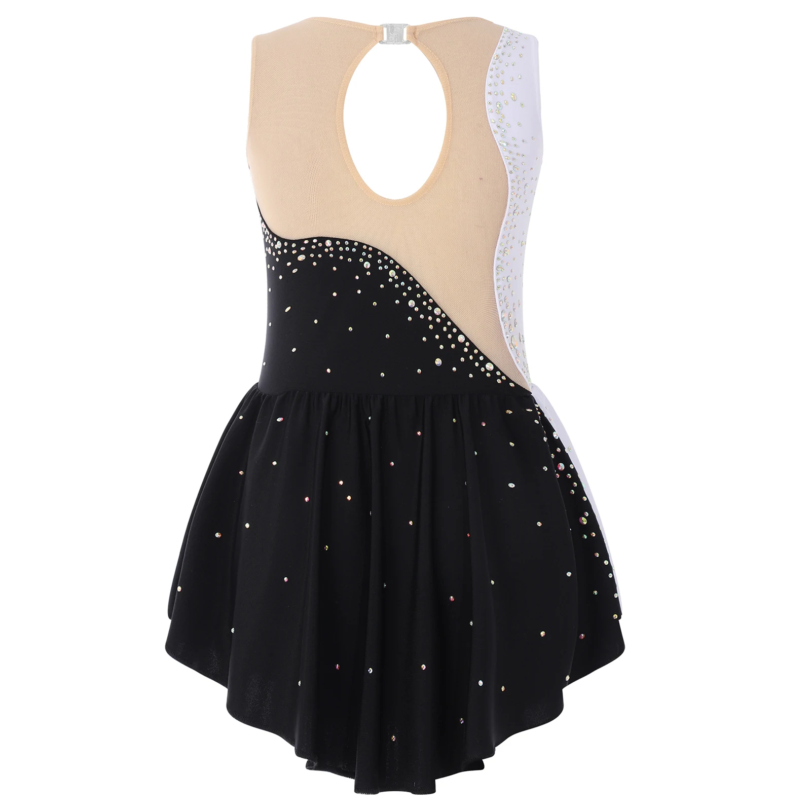 Kids Girls Figure Skating Dance Dress Ballet Tutu Gymnastics Leotard Sleeveless Shiny Rhinestone Sheer Mesh Dresses Dancewear