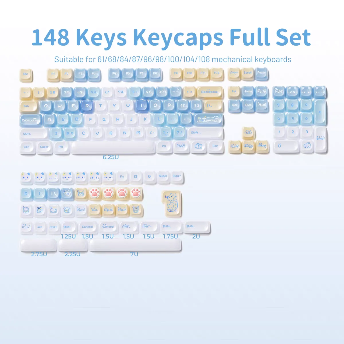 

148 клавиш, колпачки для клавиш с милой мультяшной конфетной коткой, профиль MOA, материал ПК, колпачок для клавиш Cherry MX Switch, механическая клавиатура