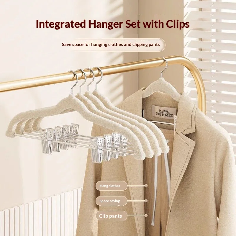 Two-in-one Clothes Rack Plush Fabric Clothes Hanger with Clips Household Clothes and Pants Hanger Multi-functional Clothes Hange