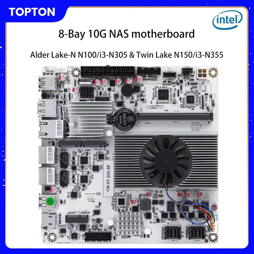 8-Bay 10G NAS اللوحة الأم Intel i3-N355 N350 N305 N150 2 * NVMe 1*10G 2*2.5G LANs 2 * SFF-8643 إلى 8 * SATA PCIex1 اللوحة الرئيسية لجدار الحماية #1