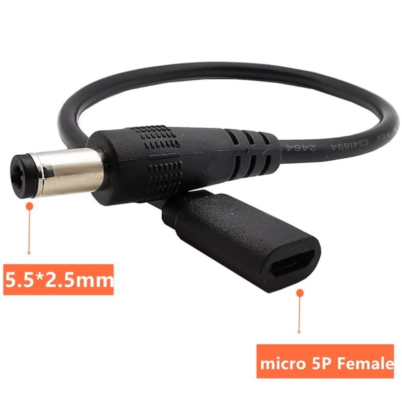 DC5.5x2.5mm Male to Micro USB 5pin Female Power Supply Extension Cord 22AWG 3A Adapter Cable 20CM/7.87in