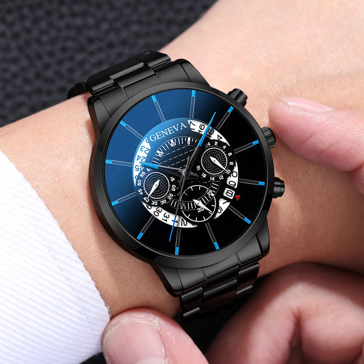 4pcs/set Men Business Watch Fashion Black Steel Band Analog Quartz Watches Jewelry Set（Without Box）