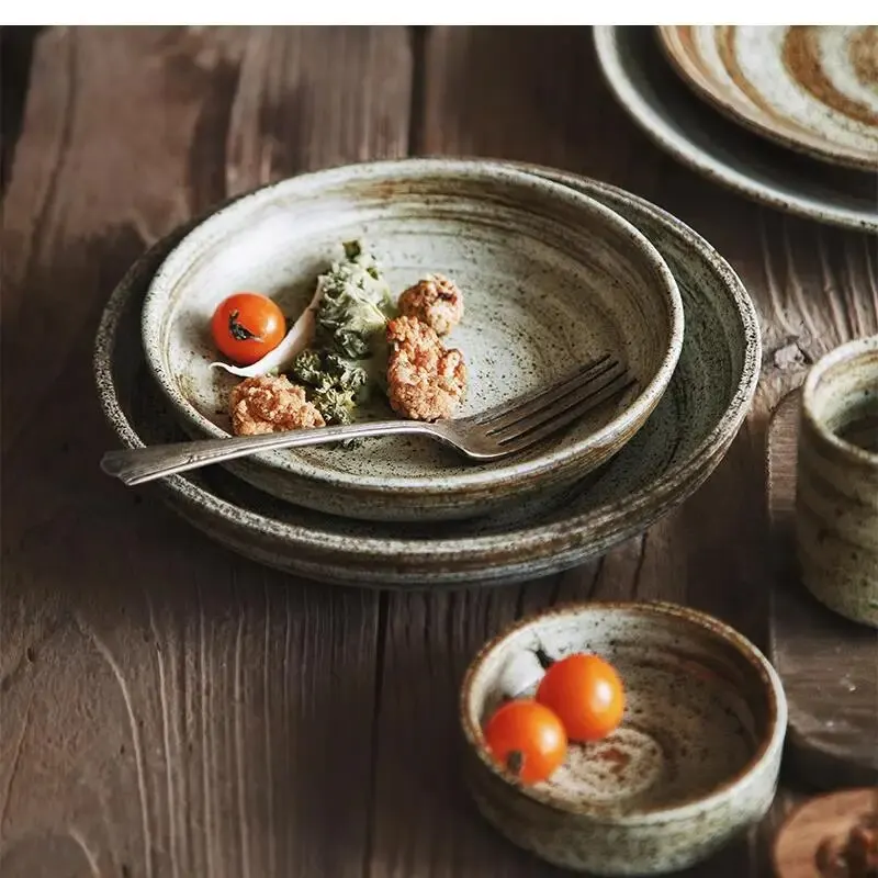 Japanese Handmade Stoneware Tableware Plates and Bowls Retro Ceramic Dinner Home Cooking Restaurant Rice Bowl