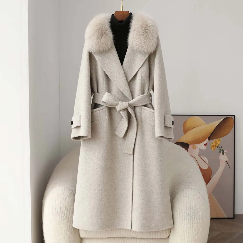 

Новинка 2023 года, зимнее шерстяное пальто, модное женское теплое пальто с воротником из натурального лисьего меха, элегантное шерстяное пальто, двусторонняя кашемировая шерстяная куртка