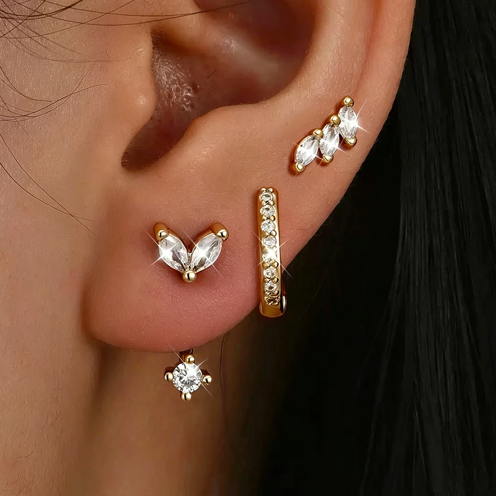 3PCS Simple Horse Eye Zircon Ear Stud Sets For Women 14K Gold Plated Geometry Hoop Earring Unique Fashion Daily Wear Jewelry