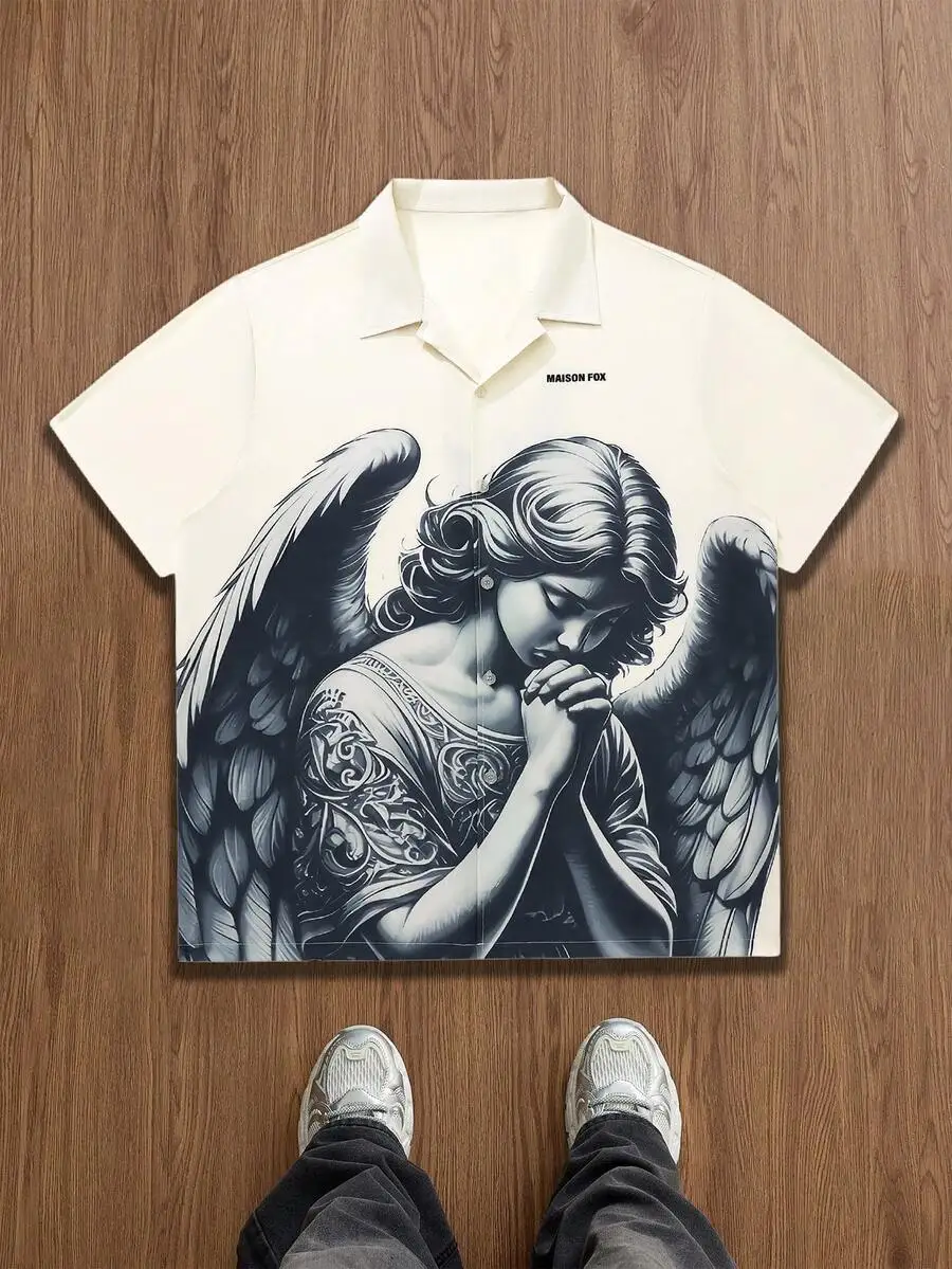 

Men's Casual Button-Up Shirt with Angelic Graphic Print, Summer Beachwear