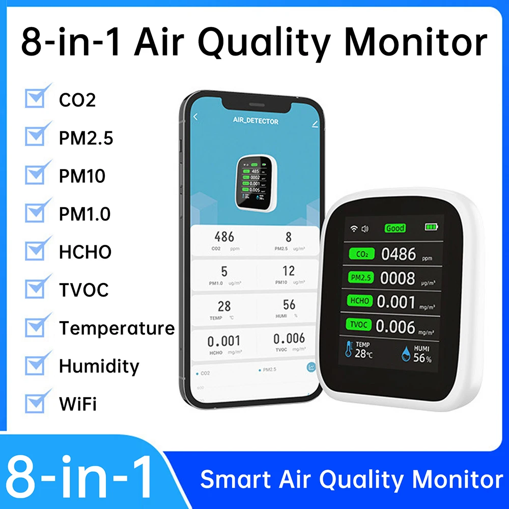Smart Air Quality Monitor 8 in 1 Multifunctional Detection CO2 PM HCHO TVOC Temperature Humidity NDIR Sensor Wi-Fi App Control