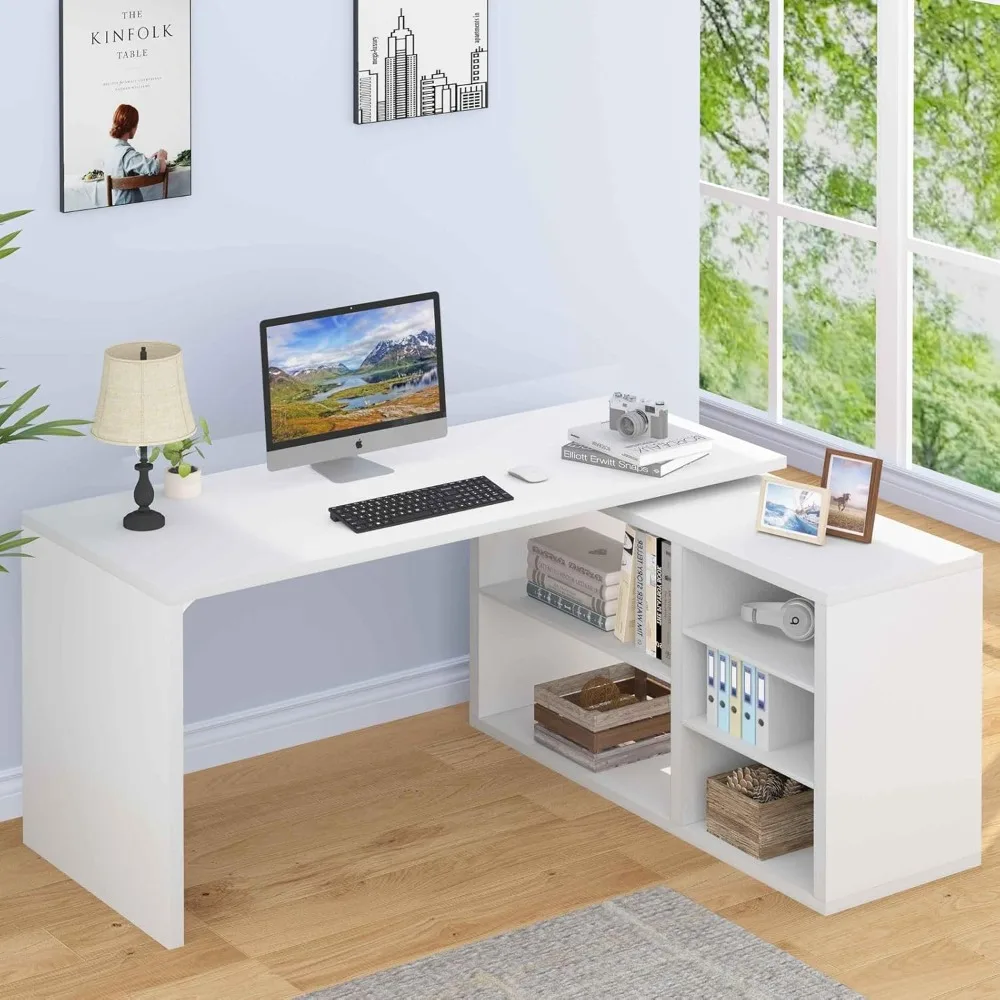 Modern White L Shaped Desk with Storage Shelf