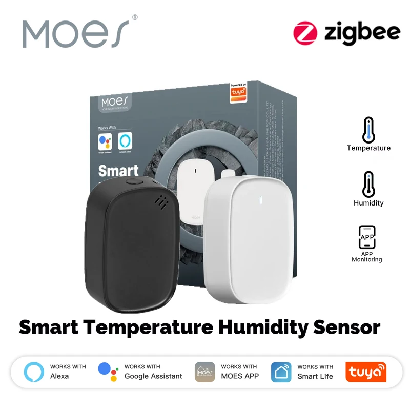MOES Tuya Zigbee Smart Temperature Humidity Sensor Indoor Hygrometer APP Monitoring Works With Alexa Google Home Battery Powered