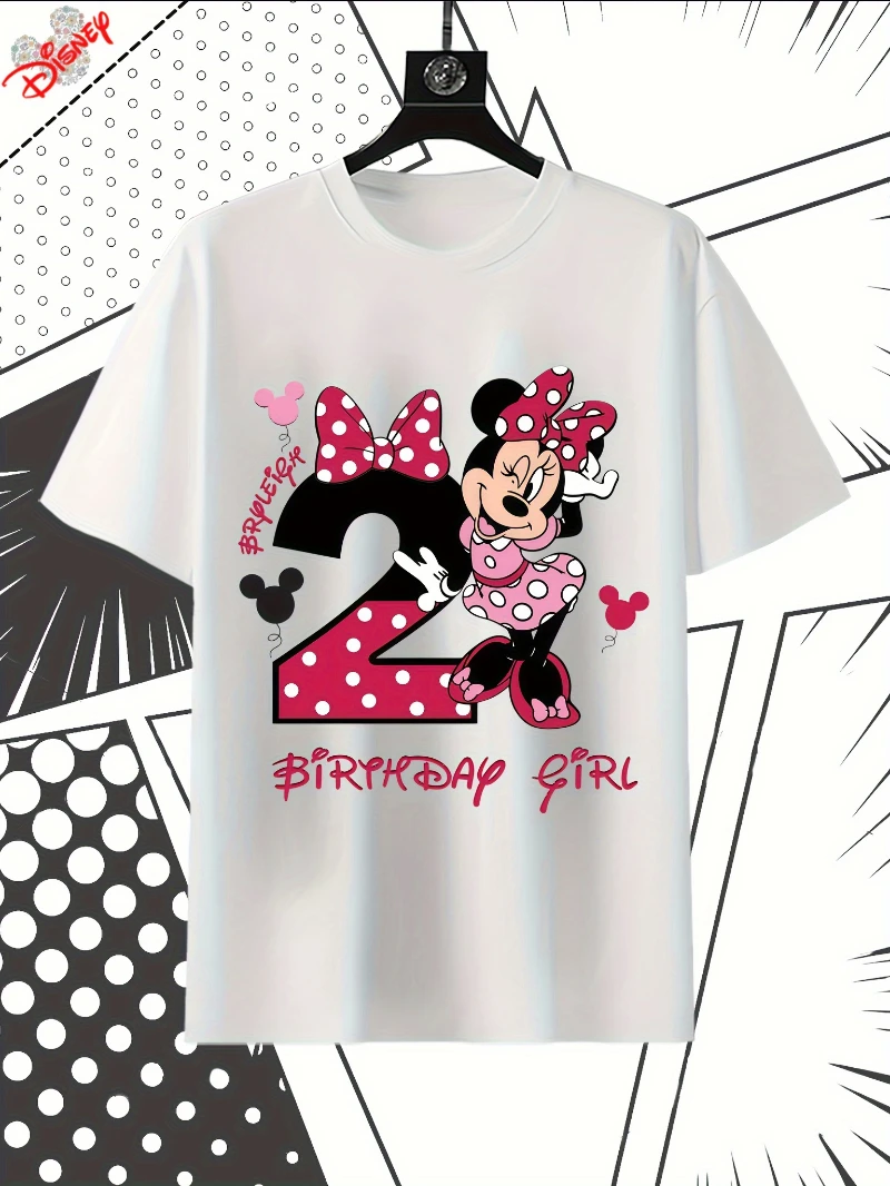 

Men Disney Minnie Mouse Birthday Girl T-shirt -100% Cotton Loose Fit, Pink Bow and Mickey Ear Print, White Casual Summer T-shirt