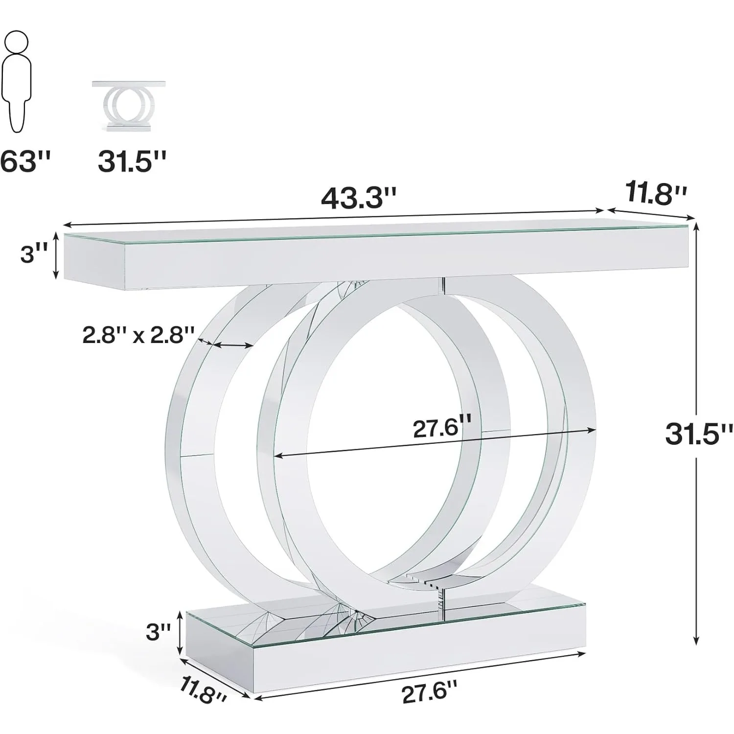 43.3-Inch Mirrored Console Table, Entryway Table with Thickened Mirror Finish Tabletop, Glass Sofa Table Foyer Table