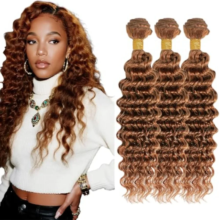 

Light Brown Human Hair Bundles Color Deep Wave Bundles Brazilian Virg Remy Hair Extensions Double Weft Brown Deep Wave Bundles
