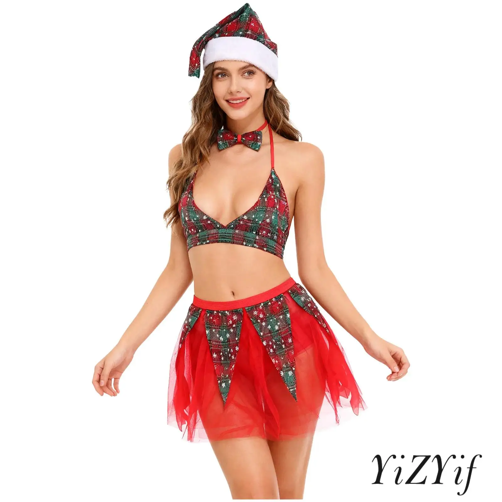 

Womens Christmas Lingerie Set Halter Bra Top with Tulle Miniskirt Bowtie And Christmas Hat for Xmas Dating Night Santa Cosplay