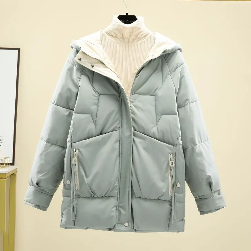 2023 Trendy Winter New Korean Version Loose and Thick Cotton JacketMid Length Hooded Jacket Coat Women  Winter Clothes Women