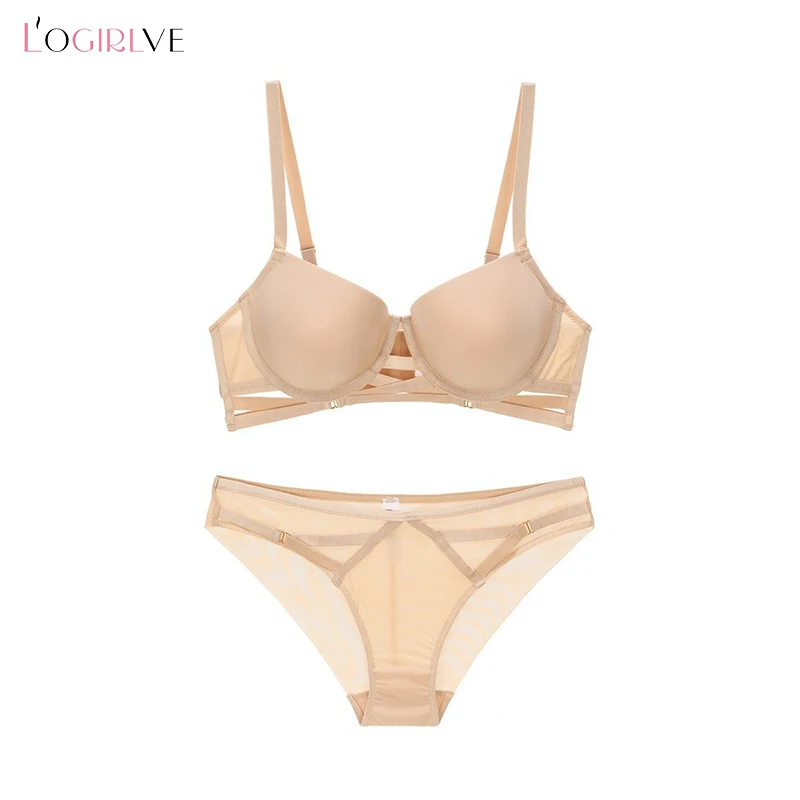 Logirlve Hollow Out Bra Set Sexy French Lingerie Push Up Brassiere Gather Underwear Set Low Waist Panties For Women Underwear