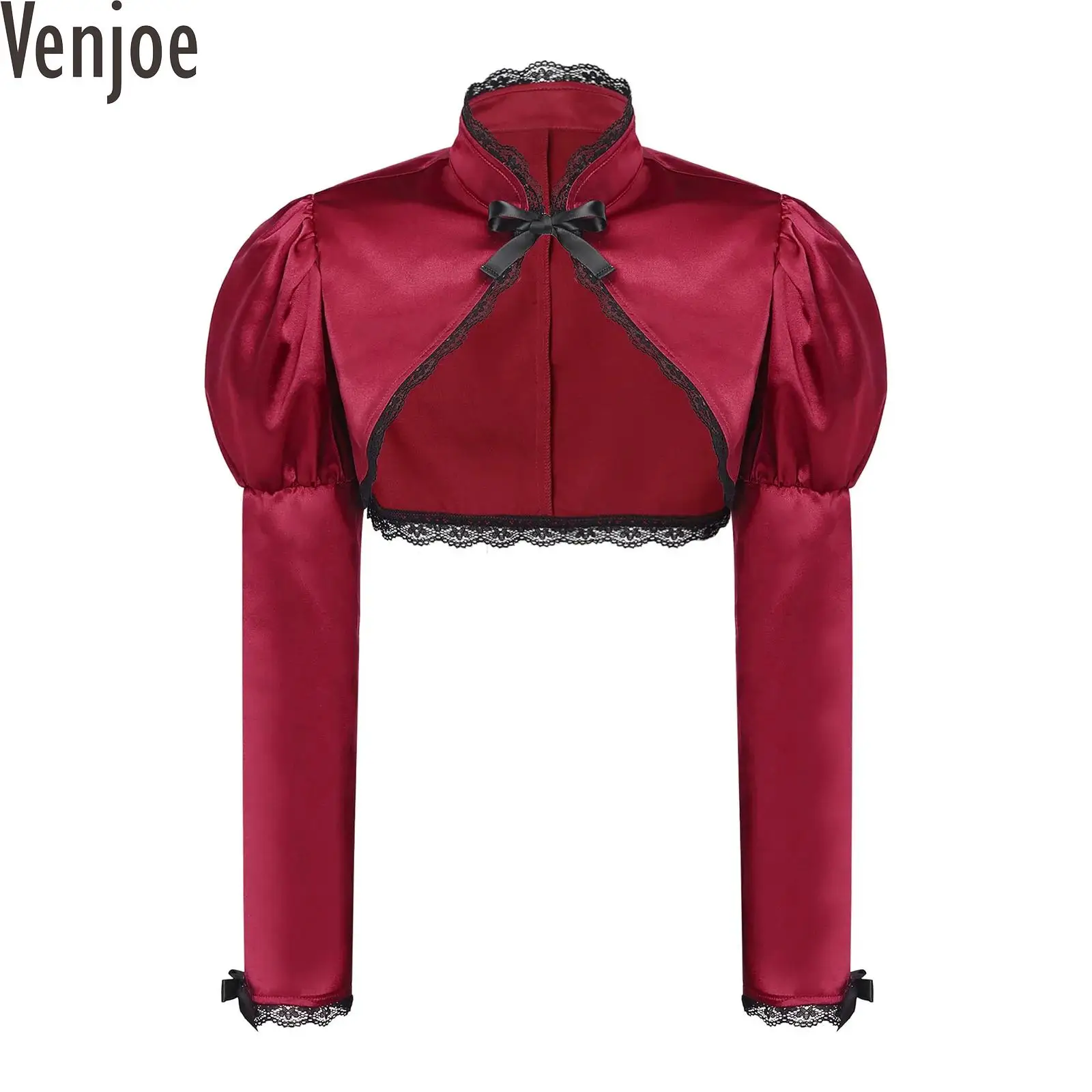 Disfraz de Cosplay Gótico de Halloween para Mujer, Bolero de Satén con Ribete de Encaje y Lazo Decorativo, Chaqueta Corta Tipo Capa, Bolero Victoriano