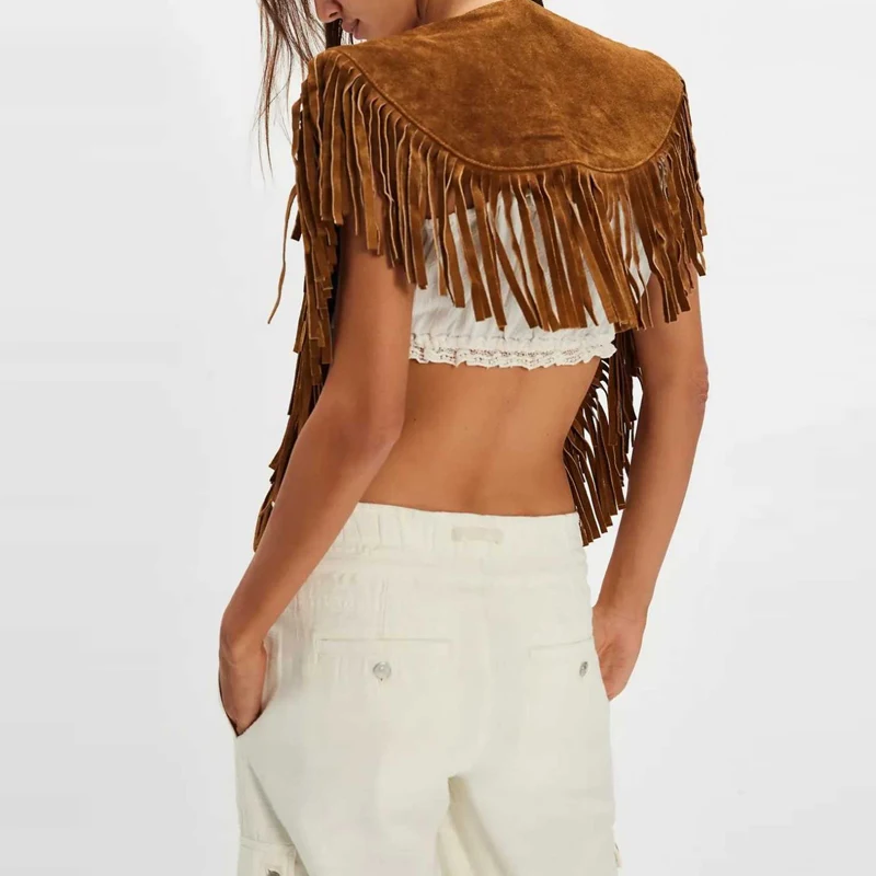 Autumn Retro Suede Long Sleeved Office Commuting Veat Chic Tassel Patchwork Loose Top 2026 Trendy Solid Buttonless Backless Tees