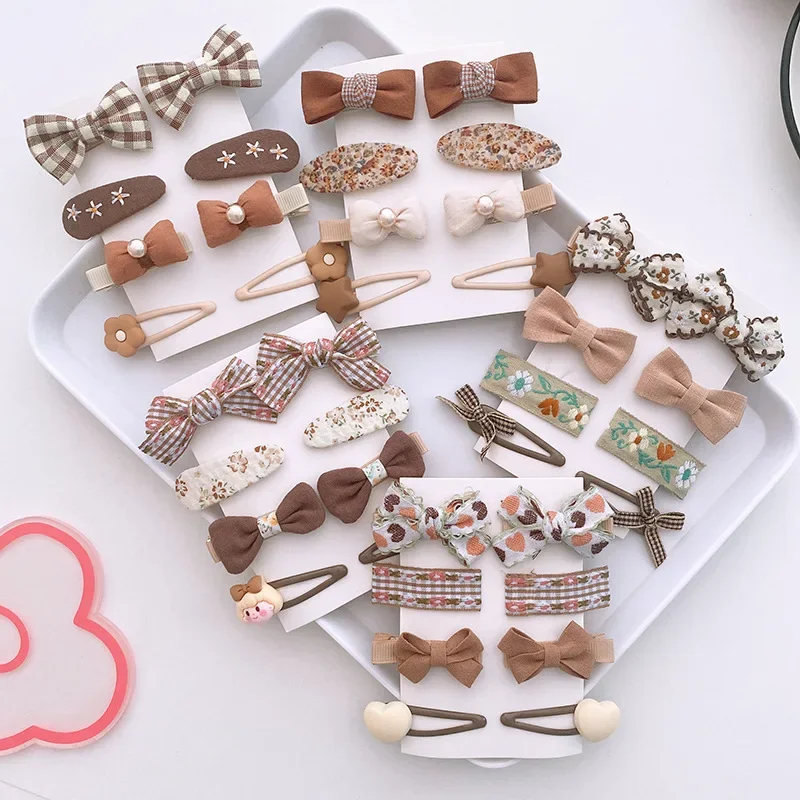 8Pcs/Set Chocolate-Colored Hairpin Trendy Fabric Bow Children Clip Styling Girls Barrettes Small Headwear Decorative Bobby Pins