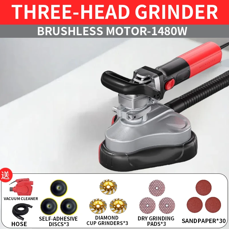 Handheld Triple-Head Dust-Free Cement Grinder Epoxy Floor Polisher Concrete Floor Renovation Terrazzo Grinder
