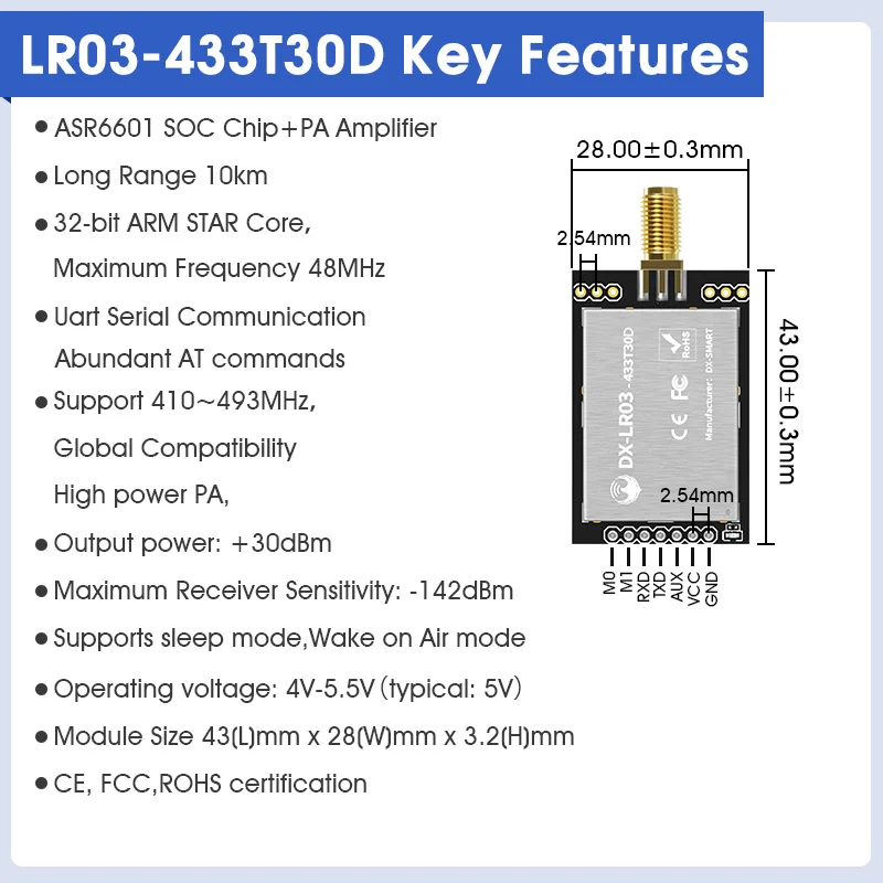 DX-LR03 433/475Mhz Uart المنفذ التسلسلي 10 كجم الاتصالات لمسافات طويلة 30dbm PA مكبر للصوت في وحدة LoRa للتحكم